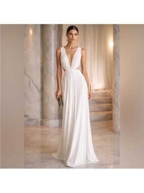 BCBGMAXAZRIA Magdalena Draped Jersey Evening Gown – White | XS